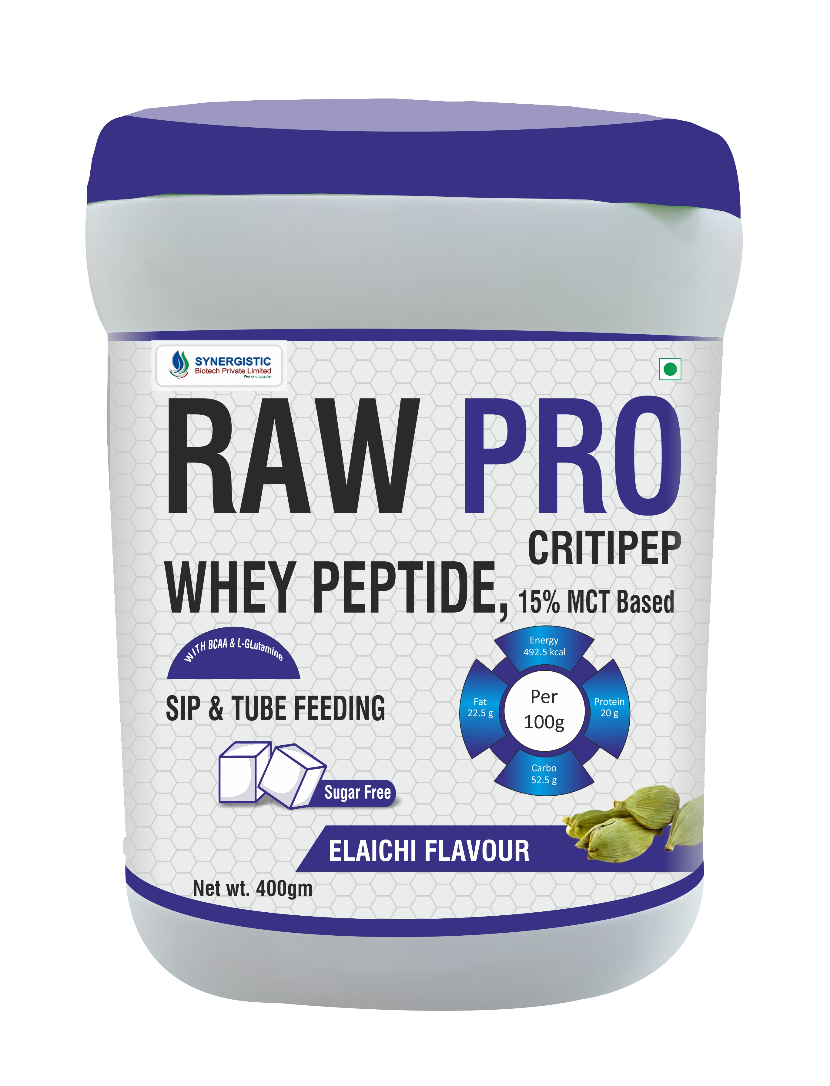 RAW PRO CRITIPEP - 100% Whey Peptide for Critical Care, 400gm Elaichi Flavour